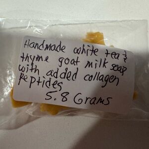 Handmade white tea and thyme goat milk soap with added collagen peptides
